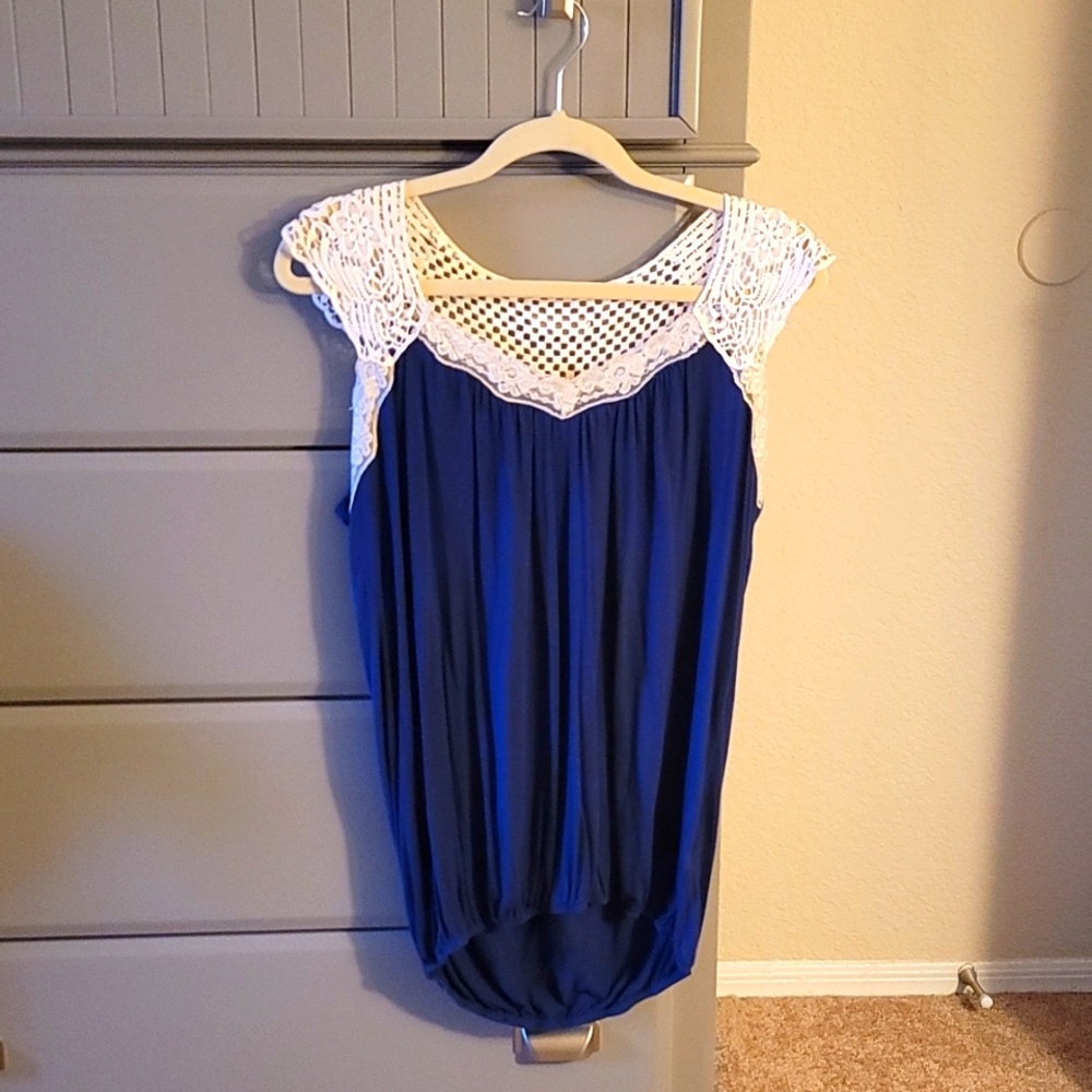 Medium Navy and White Papaya tank top.